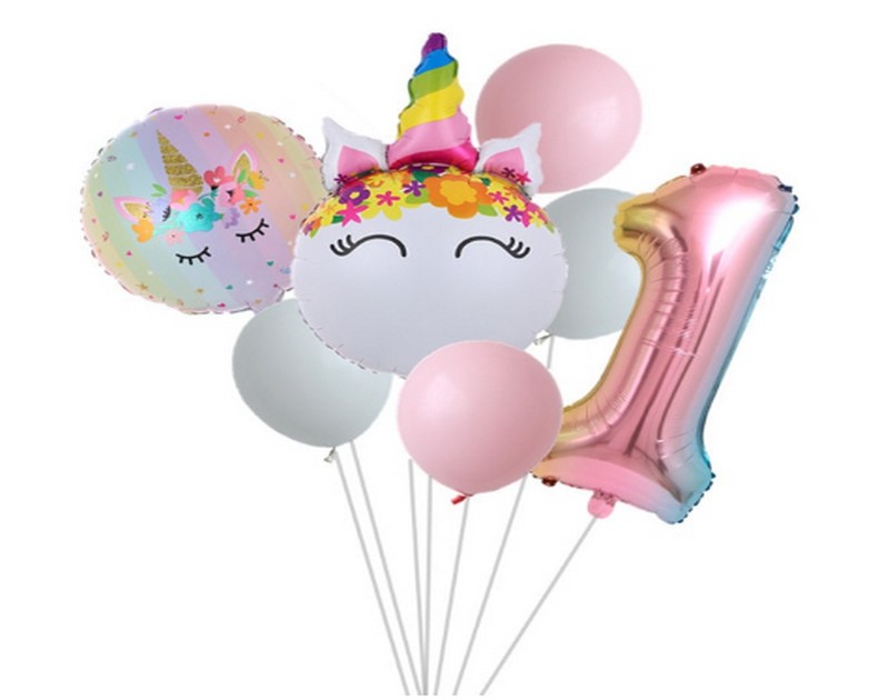 7 Pcs Unicorn Theme Birthday Number Foil Balloons Set
